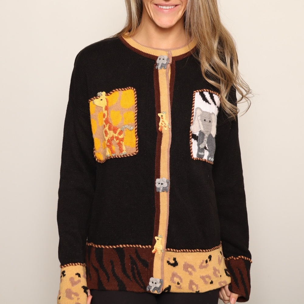Vintage Knit Embroidered Safari Animals Safari Themed Cardigan Sweater